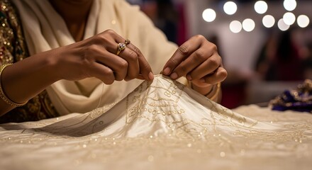 Skilled Artisan's Hands Meticulously Creating Traditional Bandhani Tie-Dye Silk at a Bustling Diwali Craft Fair, Emphasizing Cultural Textile Heritage and Live Artistry.