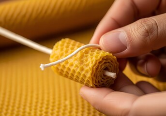 Exquisite Macro of Artisanal Beeswax Candle Craft for Diwali, Highlighting Natural Purity and Sustainable Luxury with Golden Light.
