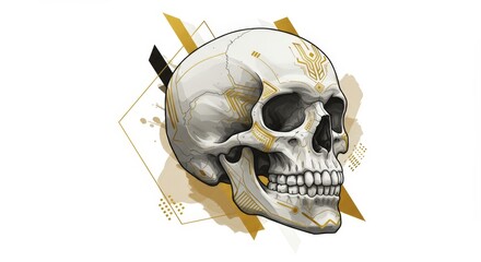 Human skull in golden techno adornment. Digital art with abstract geometric shapes on white background. Futurism and biotechnology concept.