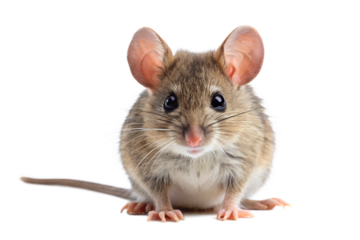 Cute brown and white mouse with large ears and curious expression isolated on transparent background
