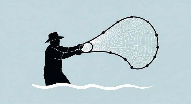 Silhouette of a fisherman casting a net in the water.