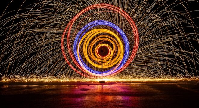 Captivating Long Exposure of Spinning Chakra Firework with Golden Multicolored Sparks on Damp Concrete - Powered by Adobe