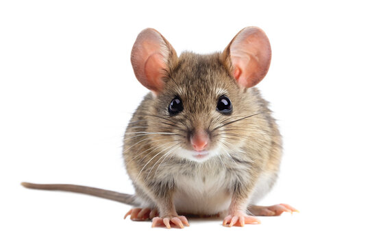 Cute brown and white mouse with large ears and curious expression isolated on transparent background