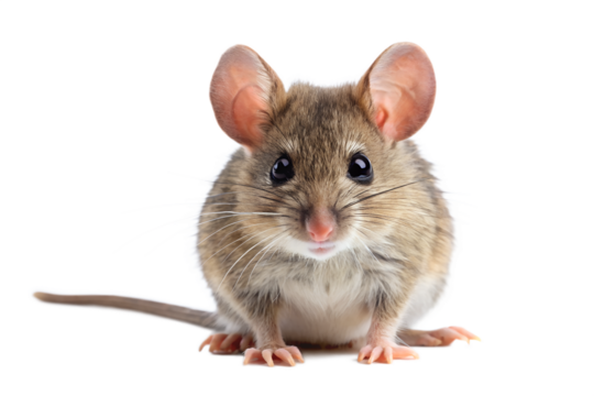 Cute brown and white mouse with large ears and curious expression isolated on transparent background