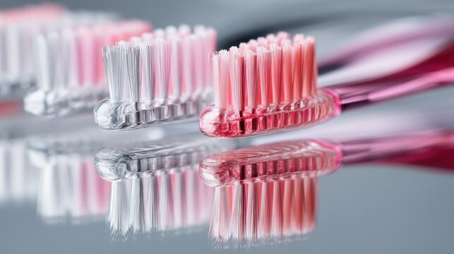 Close-up of pink and clear toothbrushes on reflective surface for dental hygiene and oral care,National Brush Day - Powered by Adobe