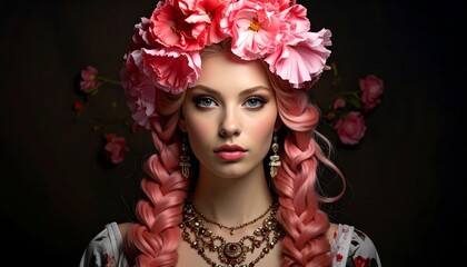 Naklejka premium Portrait of a Beautiful Woman with Pink Hair and a Flower Crown