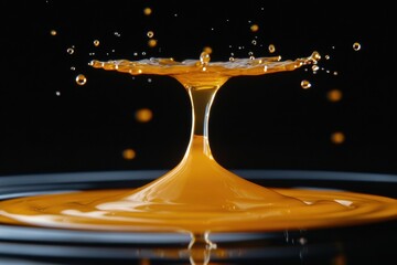 Splash of orange liquid creates unique shapes against a dark background in a dynamic moment of liquid motion seen during a high-speed capturing session