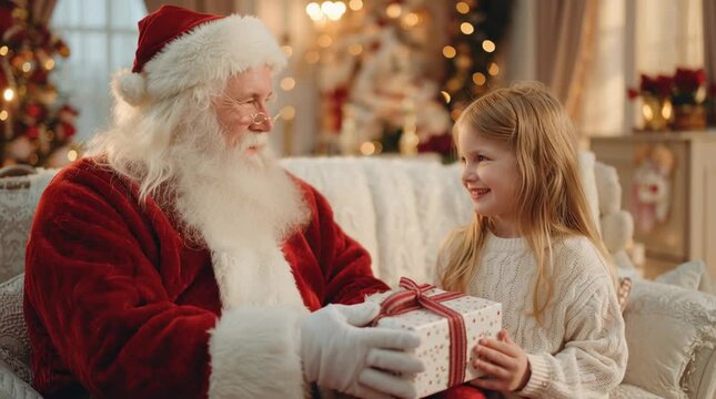 Enchanting folklore video of Ded Moroz giving gift to smiling child in cozy festive home holiday atmosphere.