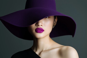Lilac-colored lips of an Asian-looking model wearing a lilac felt hat on a black background. Advertising for lipstick, cosmetics, and a luxury clothing store. 