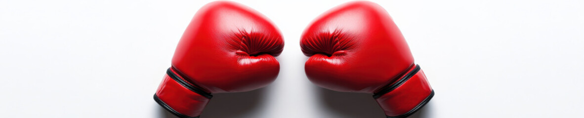 Red boxing gloves pair on white background, top view