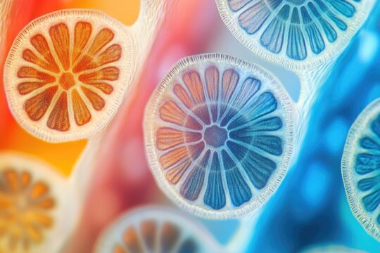 Stunning abstract composition of glowing, segmented circles transitioning from fiery orange to icy blue, evoking microscopic life.