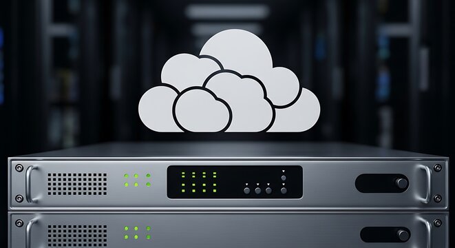 Cloud computing server stack with cloud icon, data storage concept.
