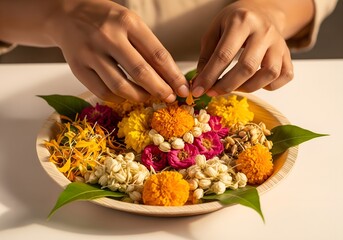 Skilled Artisan's Hands Crafting an Eco-Friendly Diwali Thali with Vibrant Dried Flowers and Leaves Under Soft Natural Light, Emphasizing Sustainable Devotion for a Traditional Pre-Diwali Blessing.