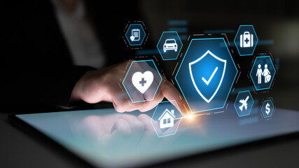 Security and insurance concept showing protection coverage for health, travel, home, car, life, and financial safety, emphasizing trust and policy assurance Latch