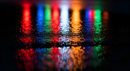 Abstract macro view of multi-colored Diwali fireworks reflections on a wet street after rain, creating a shimmering, blurred, artistic spectacle of festive light.