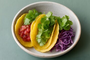 Three Colorful Vegan Tacos, Healthy Mexican Food Bowl, Corn Tortillas With Salsa And Cabbage, Clean Eating Meal, Top Down View, Minimalist Food Styling, Copy Space