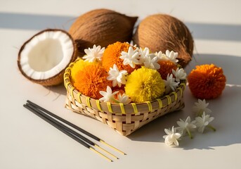 Serene Diwali Still Life with Fresh Marigold and Jasmine Flowers, Coconuts, and Incense in a Traditional Bamboo Basket Bathed in Soft Morning Light.