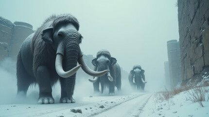 Armoured mammoths in winter fog