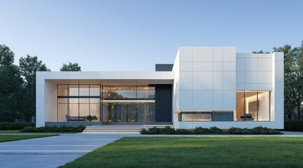 Fototapeta premium Modern, minimalist home exterior, dawn or dusk light. Large, white-paneled, contemporary house with dark accents, glass walls, and landscaping