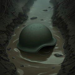 Abandoned military helmet in muddy trench