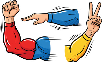 Comic-style cartoon arms vector set with dynamic gestures, peace sign, karate chop, fist pose for action, emotion, and design