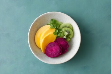 Healthy Tropical Fruit Platter, Sliced Mango Kiwi And Purple Sweet Potato, Vibrant Colorful Snack, Vegan Raw Food, Minimalist Dessert Bowl, Top Down View, Clean Eating Concept