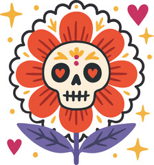 Day of the Dead flower with sugar skull face. Colorful cartoon illustration on transparent background. Festive vector design with decorative hearts, stars and petals. Perfect for holiday design.