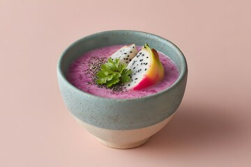 Dragon Fruit Smoothie Bowl, Vibrant Pink Vegan Dessert, Healthy Tropical Breakfast, Chia Seeds And Mint Garnish, Top Down Food Photography, Minimalist Style, Copy Space On Pink