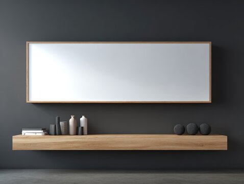 Interior design featuring floating wood shelf with decorative objects under a framed, blank canvas
