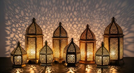 Elegant Brass and Copper Lanterns Casting Intricate Shadows for Luxurious Diwali Interior Decor, Serene Studio Shot