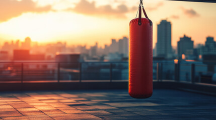 Red punching bag on rooftop with city skyline at sunset