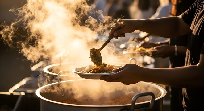 Heartwarming Scene of Community Volunteers Preparing and Sharing Traditional Diwali Langar Meals, Emphasizing Unity, Compassion, and Communal Service at an Outdoor Kitchen.