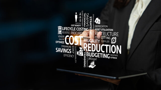 A business professional interacts with a tablet highlighting key concepts related to cost reduction, budgeting, and efficiency in a modern corporate environment. Tessel