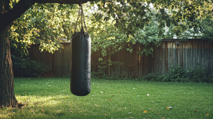 Black punching bag hanging on tree branch in backyard