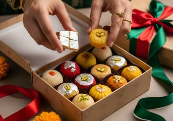 Vibrant Traditional Indian Mithai Artfully Arranged in Elegant Eco-Friendly Gift Boxes with Festive Ribbons, Perfect for Sustainable Diwali Gifting and Cultural Celebrations