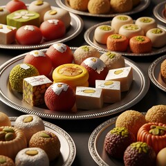 Luxurious Diwali Mithai and Dry Fruits: A Vibrant Close-up of Traditional Indian Sweets on Ornate Silver Platters, Symbolizing Festive Gifting and Hospitality