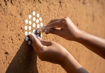 Close-up of devoted hands meticulously creating traditional Pochamma flour dots on a rustic clay wall for an auspicious pre-Diwali home blessing ceremony, highlighted by soft natural light.