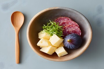 Charcuterie Board Appetizer Bowl, Salami And Cheese Cubes, Fig And Arugula Salad, Gourmet Snack, Top Down Food Photography, Rustic Bowl With Wooden Spoon, Simple Minimalist Styling