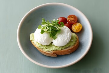 Minimalistic breakfast plate, avocado toast with poached eggs, green copy space, modern food styling, pastel background, healthy brunch concept, soft natural light, clean composition