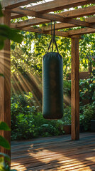 Boxing bag hanging under wooden pergola with sun rays