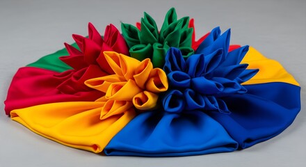 Abstract Macro Shot: Intricately Folded, Vibrant Silk Fabric Swatches Mimicking Bursting Fireworks, Symbolizing Diwali Prosperity and Textile Traditions with Soft Light.