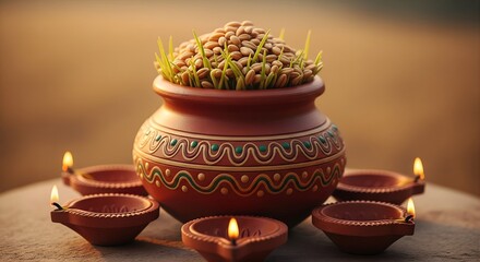 Close-up of Traditional Clay Pot with Germinating Seeds and Unlit Diyas, Symbolizing Agricultural Hope and Abundance for Rural Diwali.