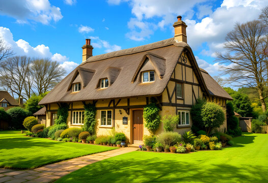 A lovely thatched-roofed country cottage in the springtime in the United Kingdom.