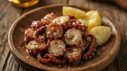 Traditional Spanish octopus dish served with potatoes and lemon on rustic wooden plate