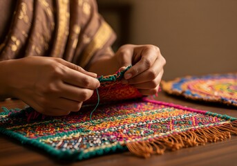 Intimate candid shot of hands creatively upcycling vibrant saree fabrics into sustainable Diwali home decor, showcasing resourceful Indian cultural artistry in a traditional setting.