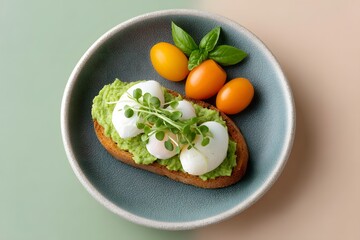 Avocado Toast With Poached Eggs, Gourmet Breakfast Meal, Sliced Tomato And Fresh Basil, Healthy Clean Eating, Top Down View, Colorful Background With Copy Space, Minimalist Food