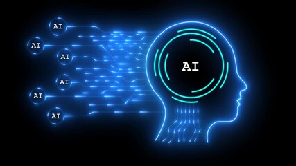 Glowing blue artificial intelligence human head silhouette with digital circuit connections. Artificial intelligence brain with circuits. Digital network represents learning and future. - Powered by Adobe