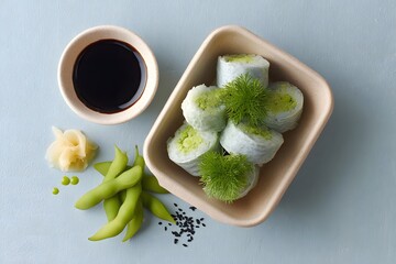 Vegan Sushi Rolls With Edamame, Healthy Japanese Appetizer, Green Sushi In Eco Friendly Container, Soy Sauce And Ginger, Minimalist Asian Food, Top Down View, Copy Space