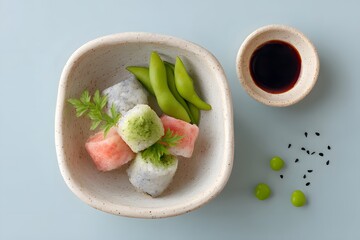 Vegan Sushi Rolls With Edamame, Healthy Japanese Appetizer, Green Sushi In Eco Friendly Container, Soy Sauce And Ginger, Minimalist Asian Food, Top Down View, Copy Space
