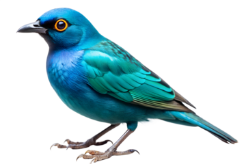 Vibrant blue bird with striking yellow eye and teal feathers, perched isolated on transparent background